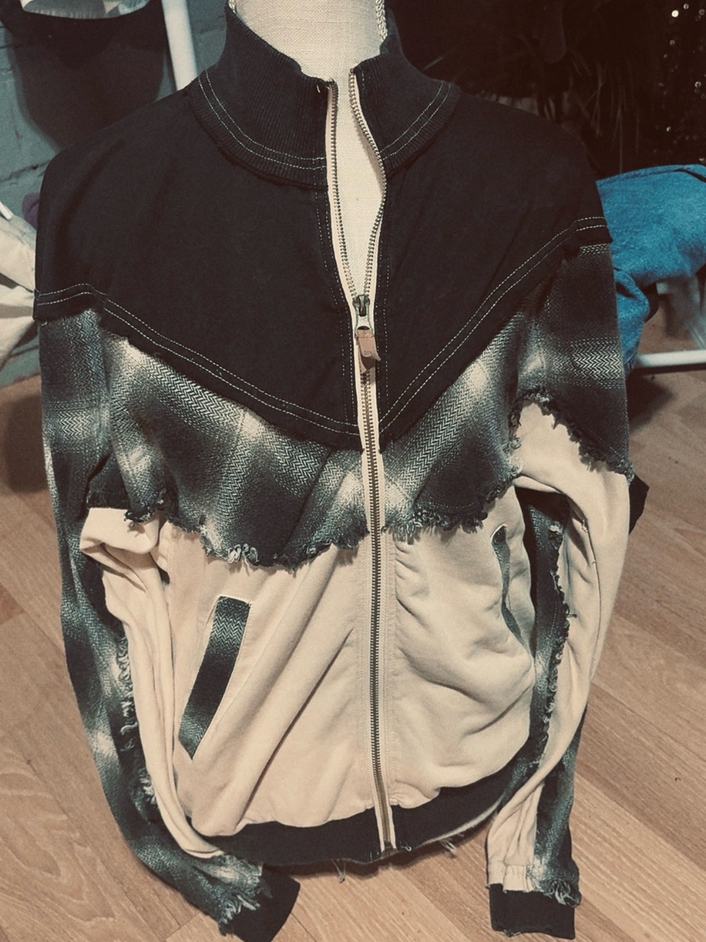 BKE Black, Cream and Green Dip-Dye Zip Bomber Jacket